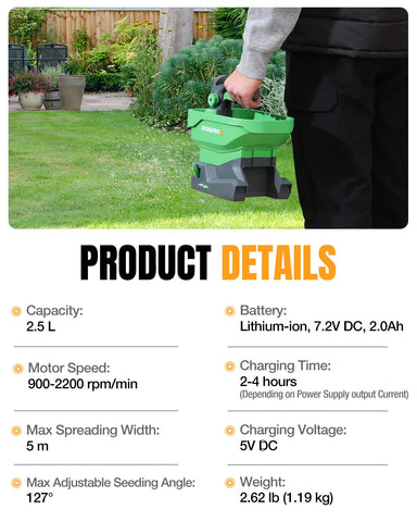 WORKPRO spreader showing 8-level settings and angle control for precise distribution.