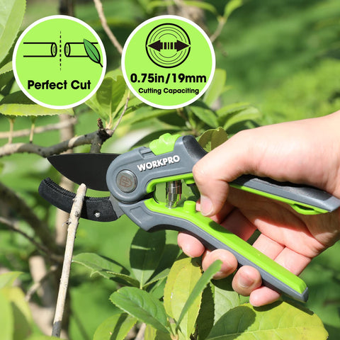 WORKPRO Anvil pruning shears security lock keeps blades protected when stored.