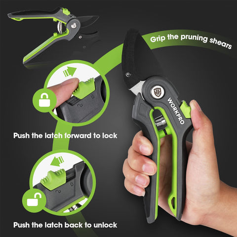 WORKPRO Anvil pruning shears SK5 steel blades stay sharp and resist rust.