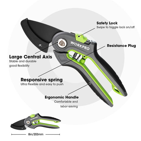 WORKPRO Anvil pruning shears spring-loaded operation enables one-hand use for quick cuts.