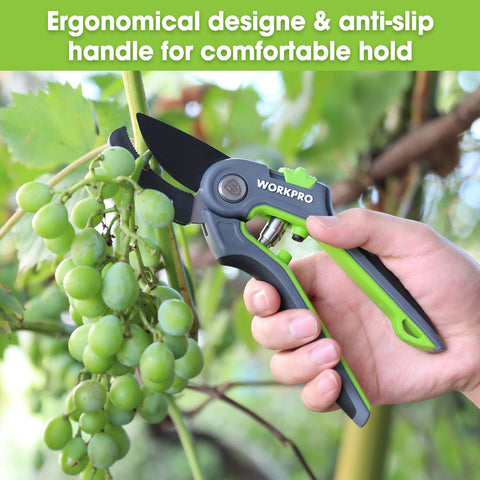 WORKPRO Anvil pruning shears wide pruning capacity handles thick branches.
