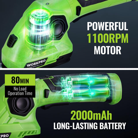 WORKPRO rechargeable 2000mAh battery powers cordless operation for longer sessions.