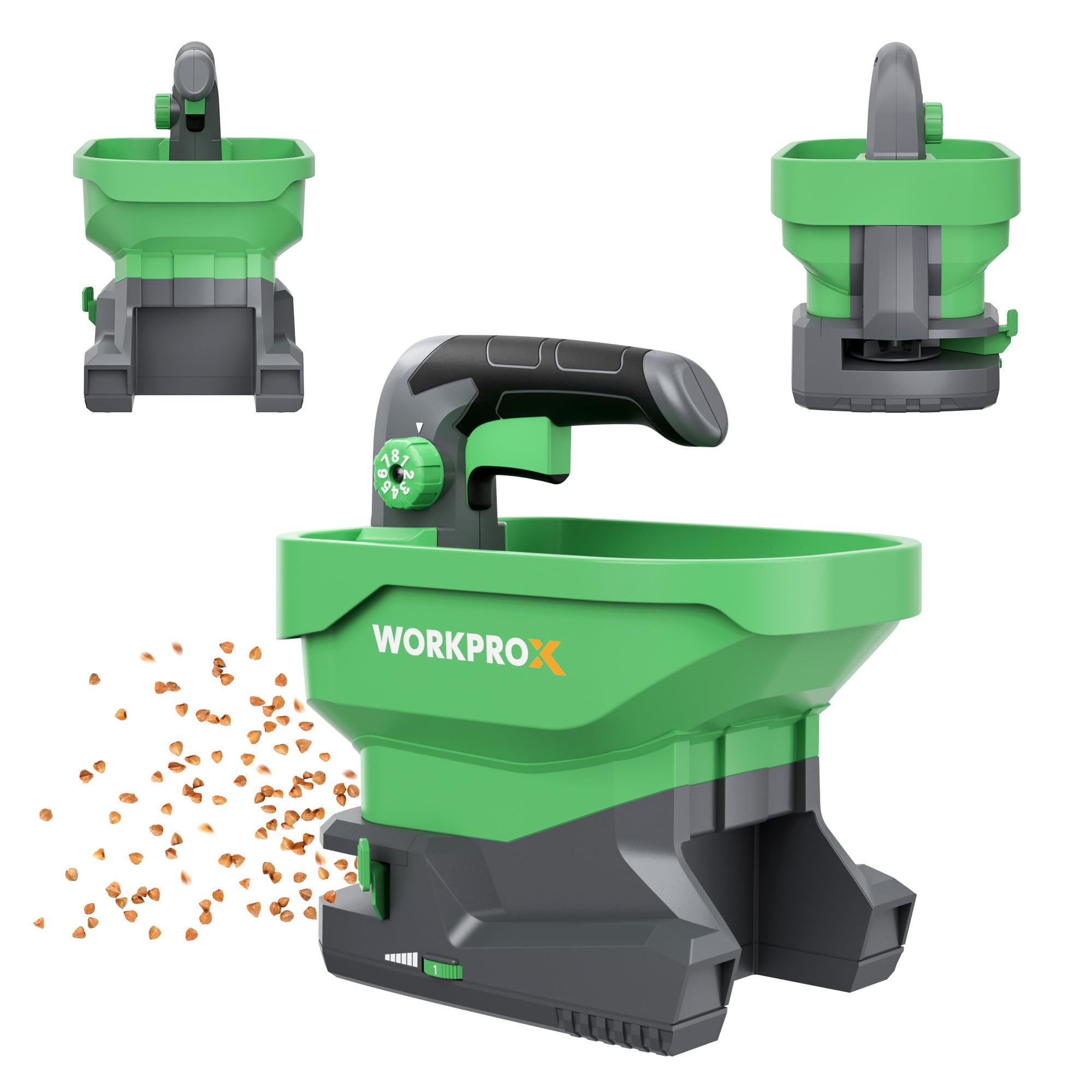 WORKPRO battery-powered spreader with 2.5L hopper for lawn seeding.