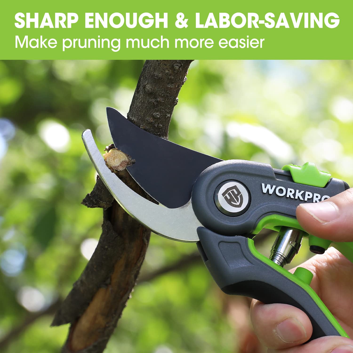 WORKPRO pruning shears tackling branches, flowers, and fruit-ready for garden tasks.