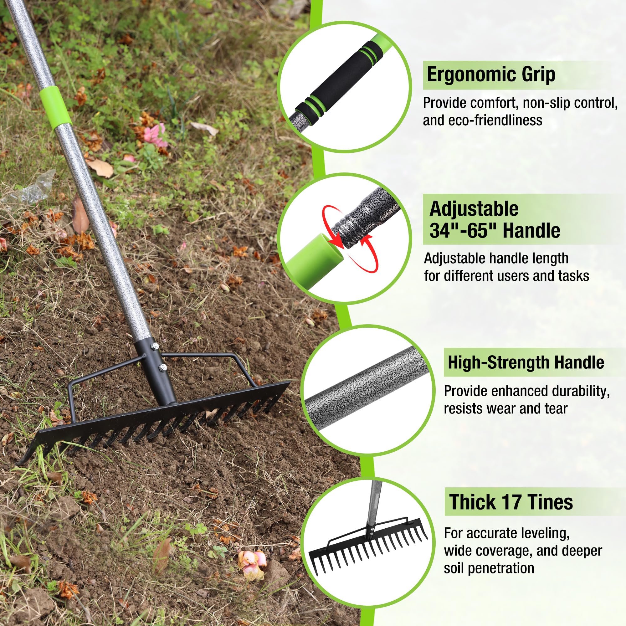 Close-up of WORKPRO rake head showing durability and 17 tines