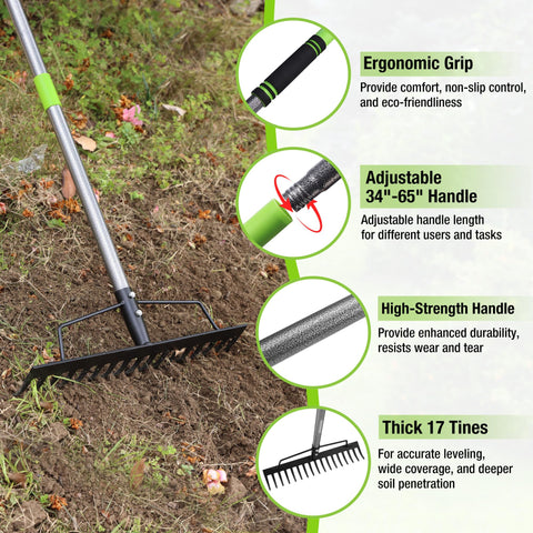 Close-up of WORKPRO rake head showing durability and 17 tines