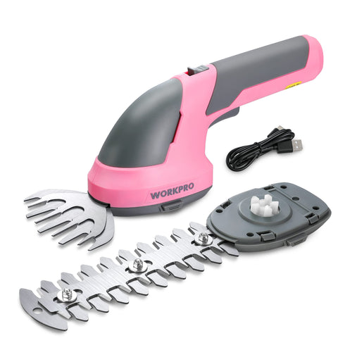 WorkPRO cordless grass shear and hedge trimmer in pink ribbon branding for sustainable gardening use.