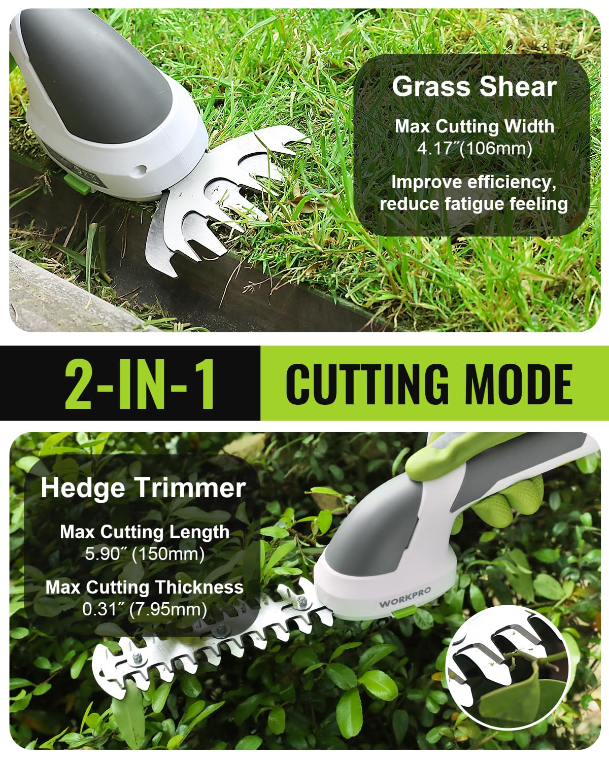 WORKPRO cordless grass shear for hedge trimming to tidy shrub borders.