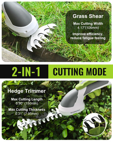 WORKPRO cordless grass shear for hedge trimming to tidy shrub borders.