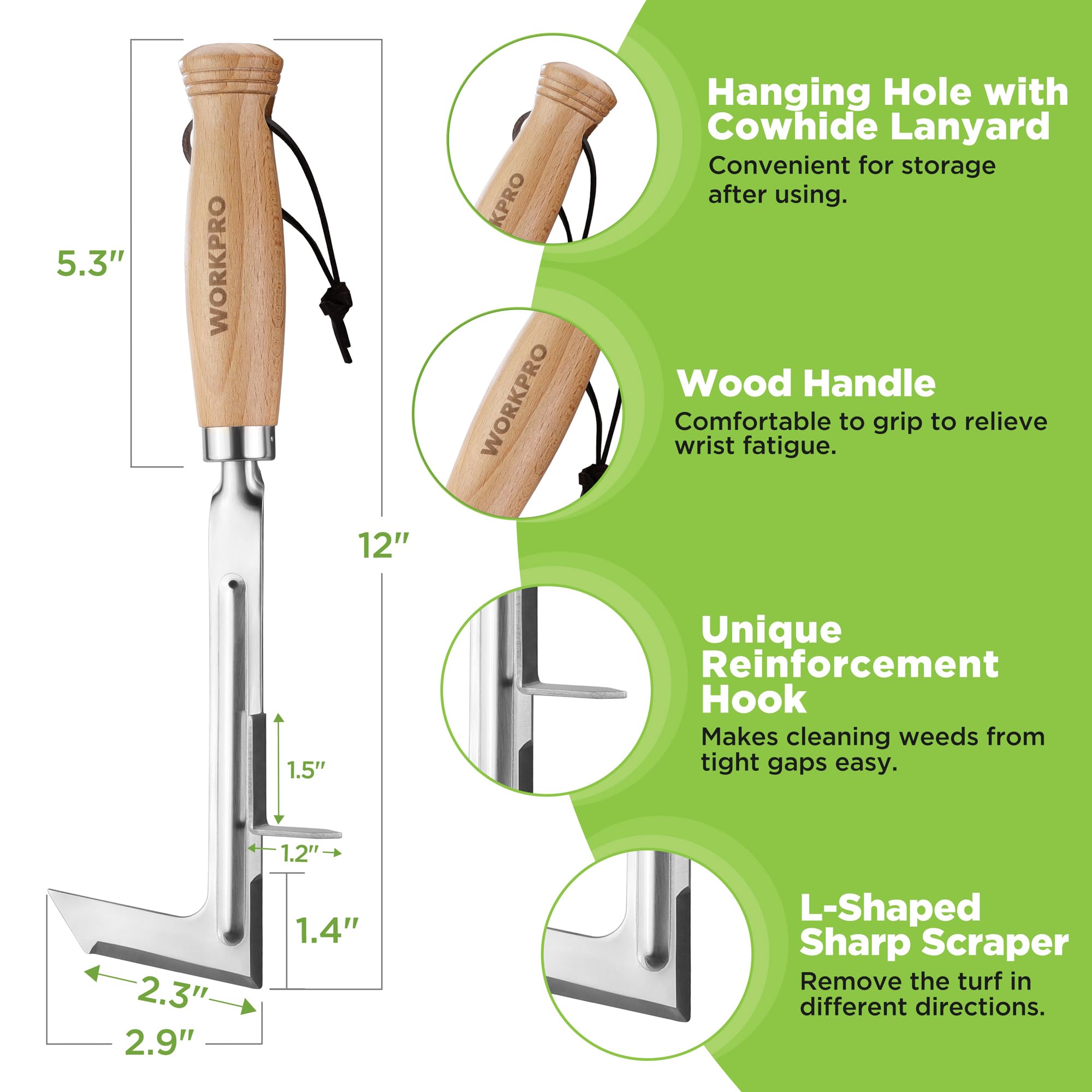 WORKPRO Crack Weeder wooden handle detail for a comfortable, secure grip