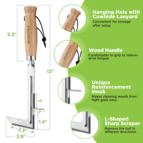WORKPRO Crack Weeder wooden handle detail for a comfortable, secure grip