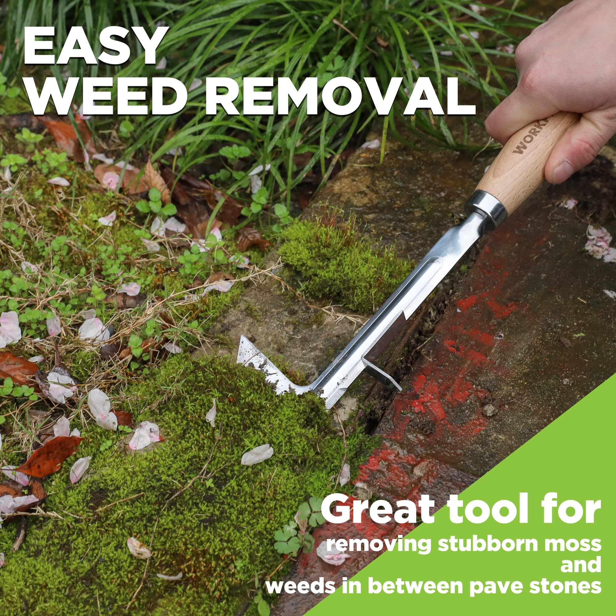 WORKPRO Crack Weeder removing weeds from patio paving and moss