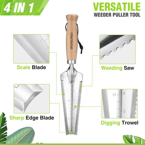 Cutting notch on blade for bottle opening and line cutting during gardening.