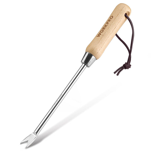 WORKPRO dandelion weeder tool with wood handle for easy root removal.