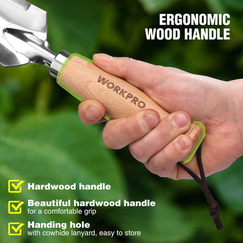Depth mark ruler on the trowel aids accurate transplanting and spacing.