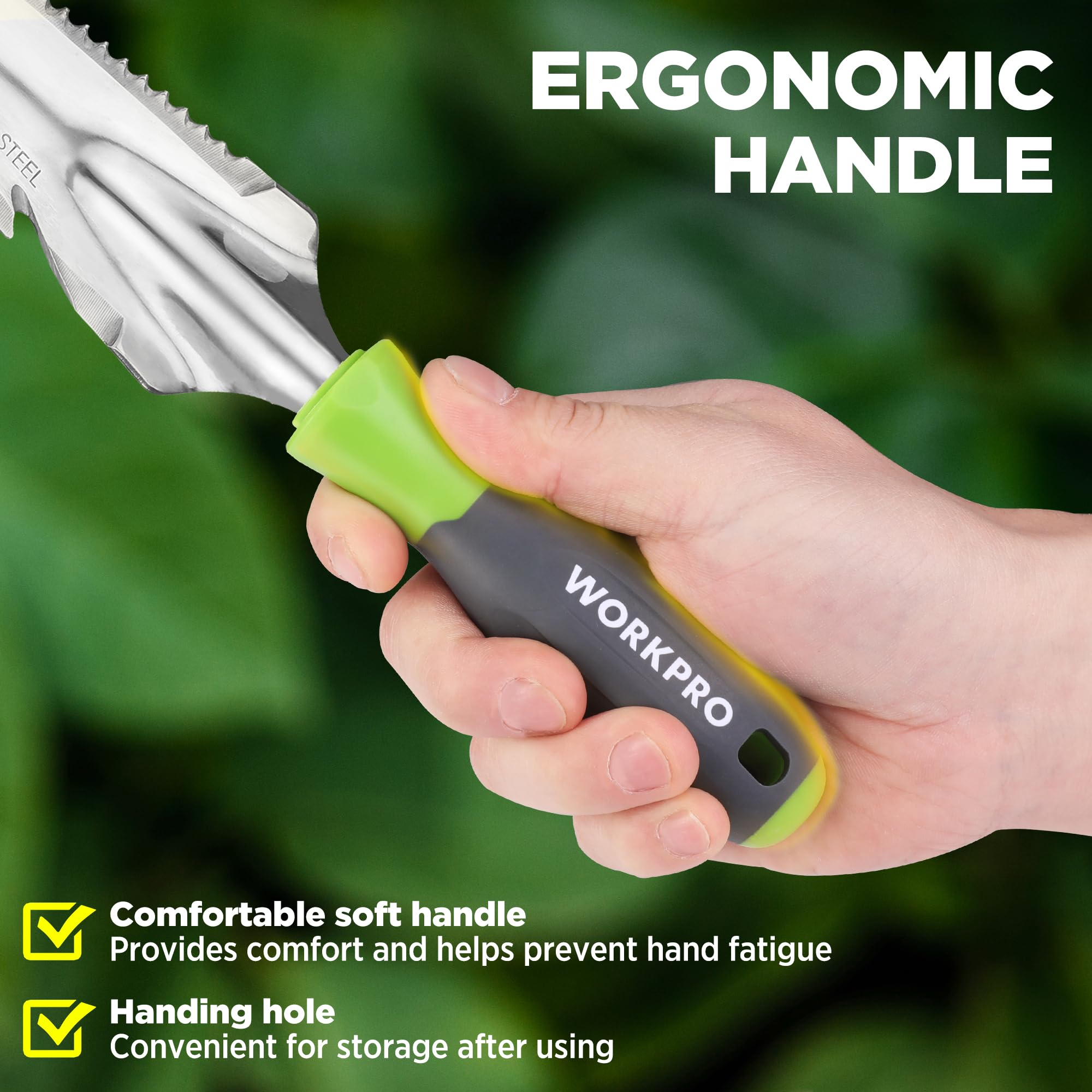 WORKPRO depth-mark ruler aids precise planting and transplanting.