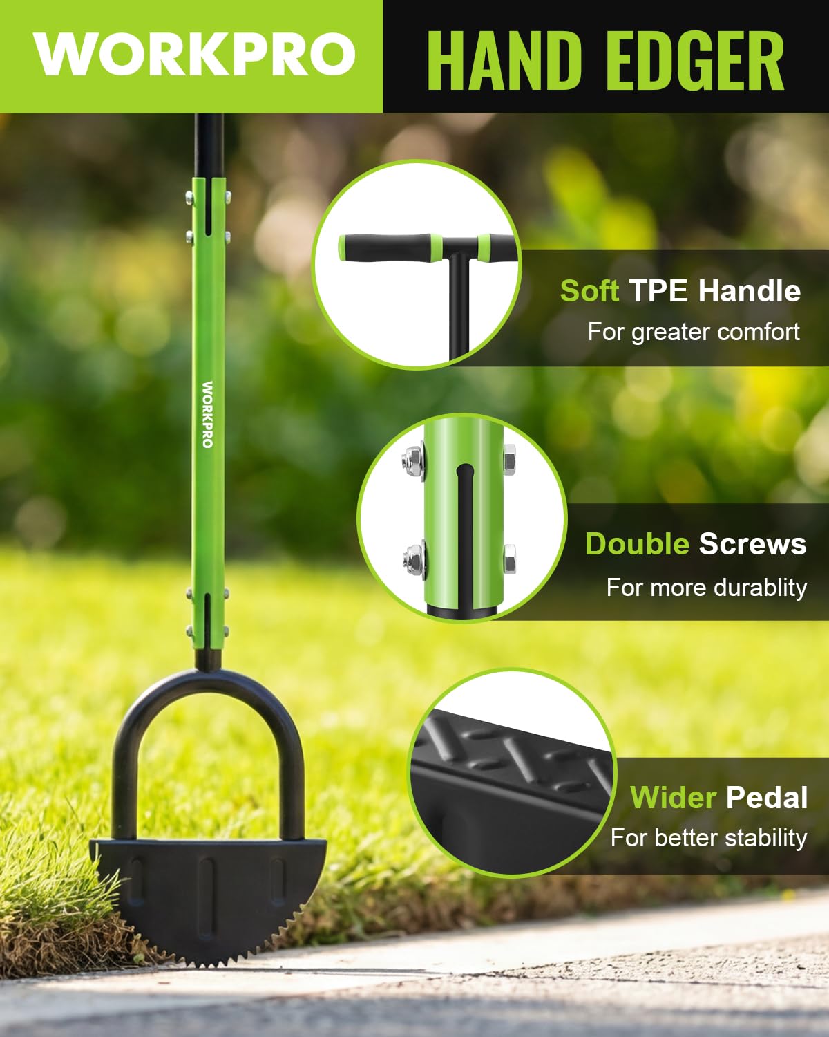 WORKPRO edger finished in rust-resistant black spray coating.