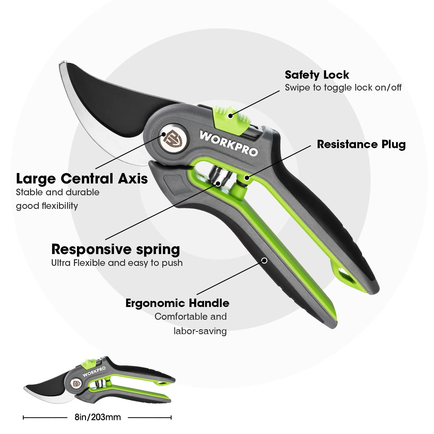WORKPRO ergonomic rubber handles reduce fatigue during pruning tasks.