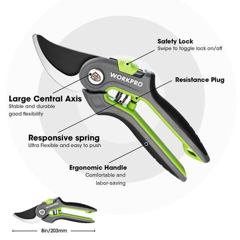 WORKPRO ergonomic rubber handles reduce fatigue during pruning tasks.