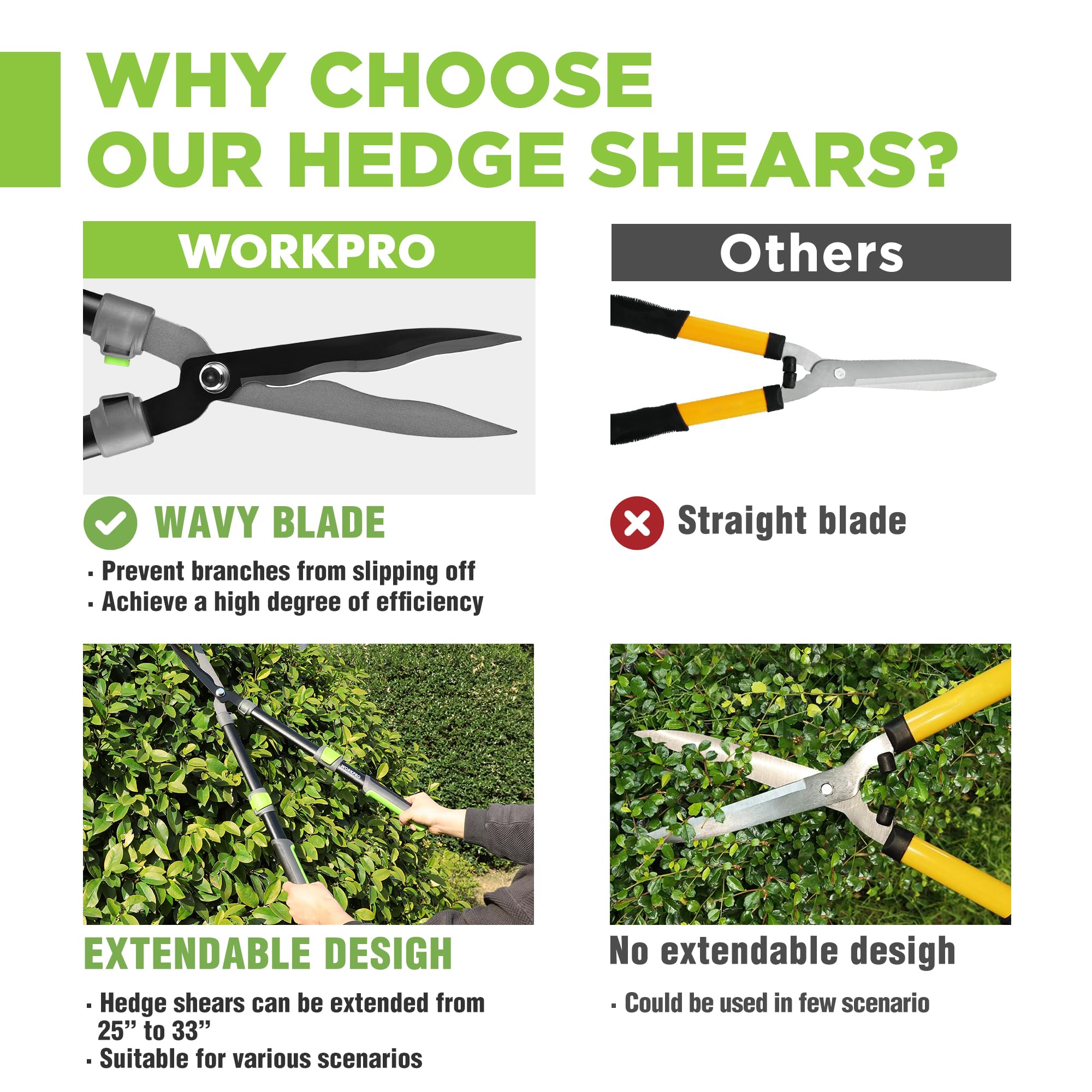 WORKPRO Extendable Hedge Shears smooth cutting action aids topiary shaping.