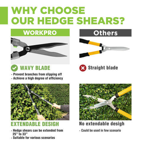 WORKPRO Extendable Hedge Shears smooth cutting action aids topiary shaping.