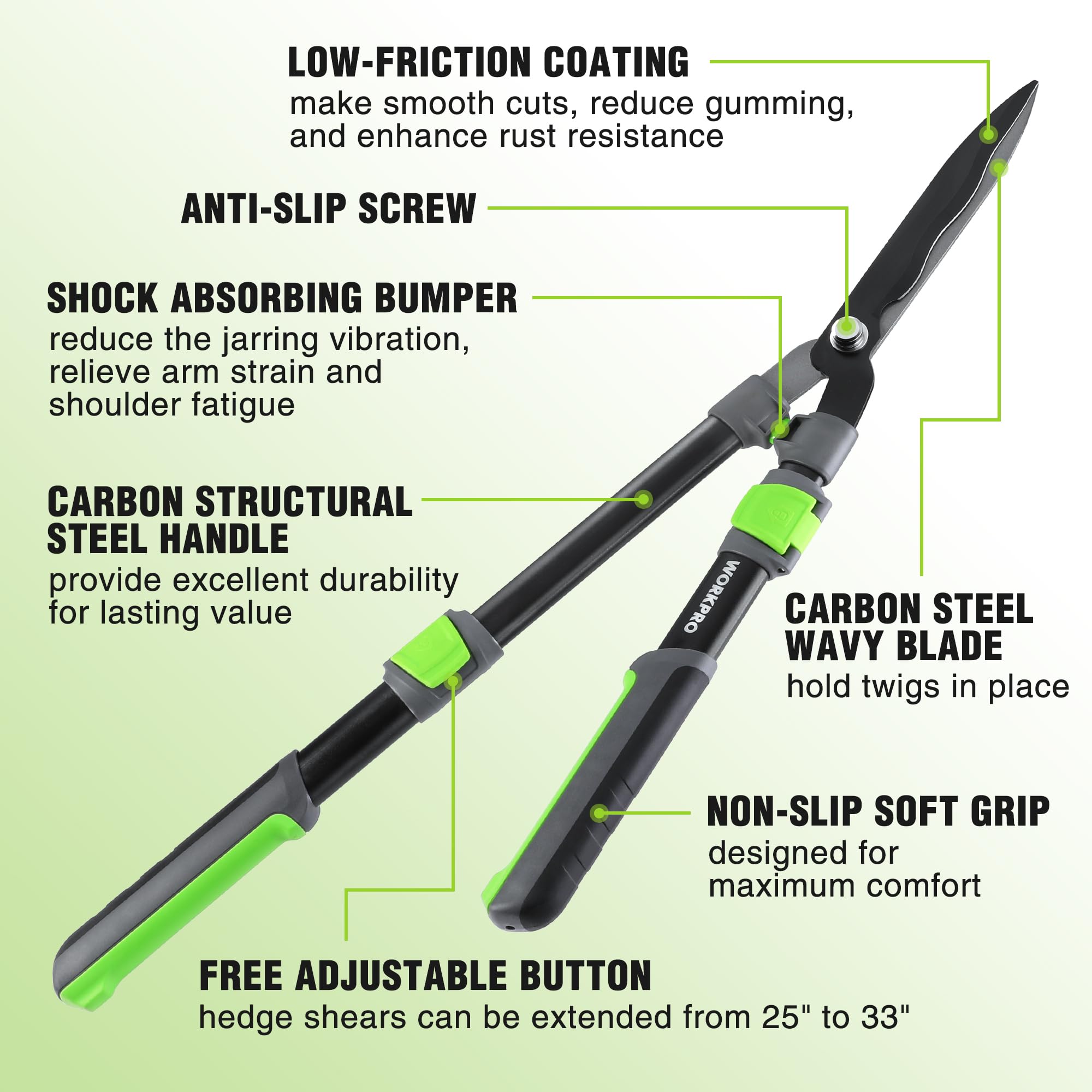 WORKPRO Extendable Hedge Shears low-friction coating enables smooth cuts.