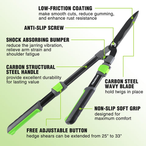 WORKPRO Extendable Hedge Shears low-friction coating enables smooth cuts.
