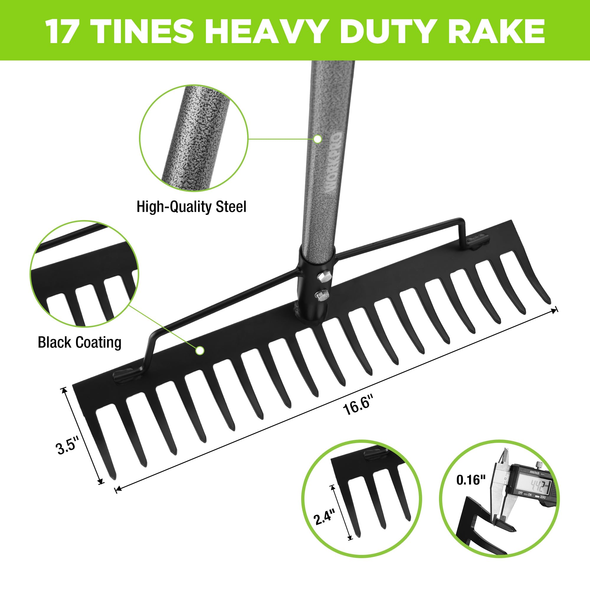 Extended adjustable handle on the WORKPRO bow rake for customizable reach