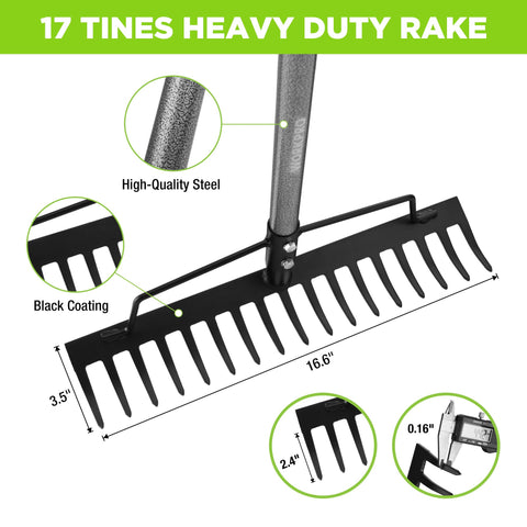 Extended adjustable handle on the WORKPRO bow rake for customizable reach