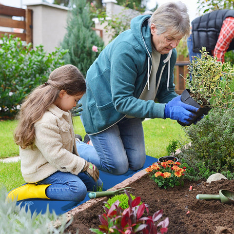 Blue WORKPRO kneeling pad in garden use reduces knee strain