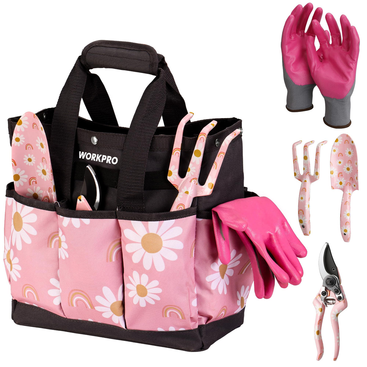 Workpro flower-pattern garden tool set in a bag for easy storage.