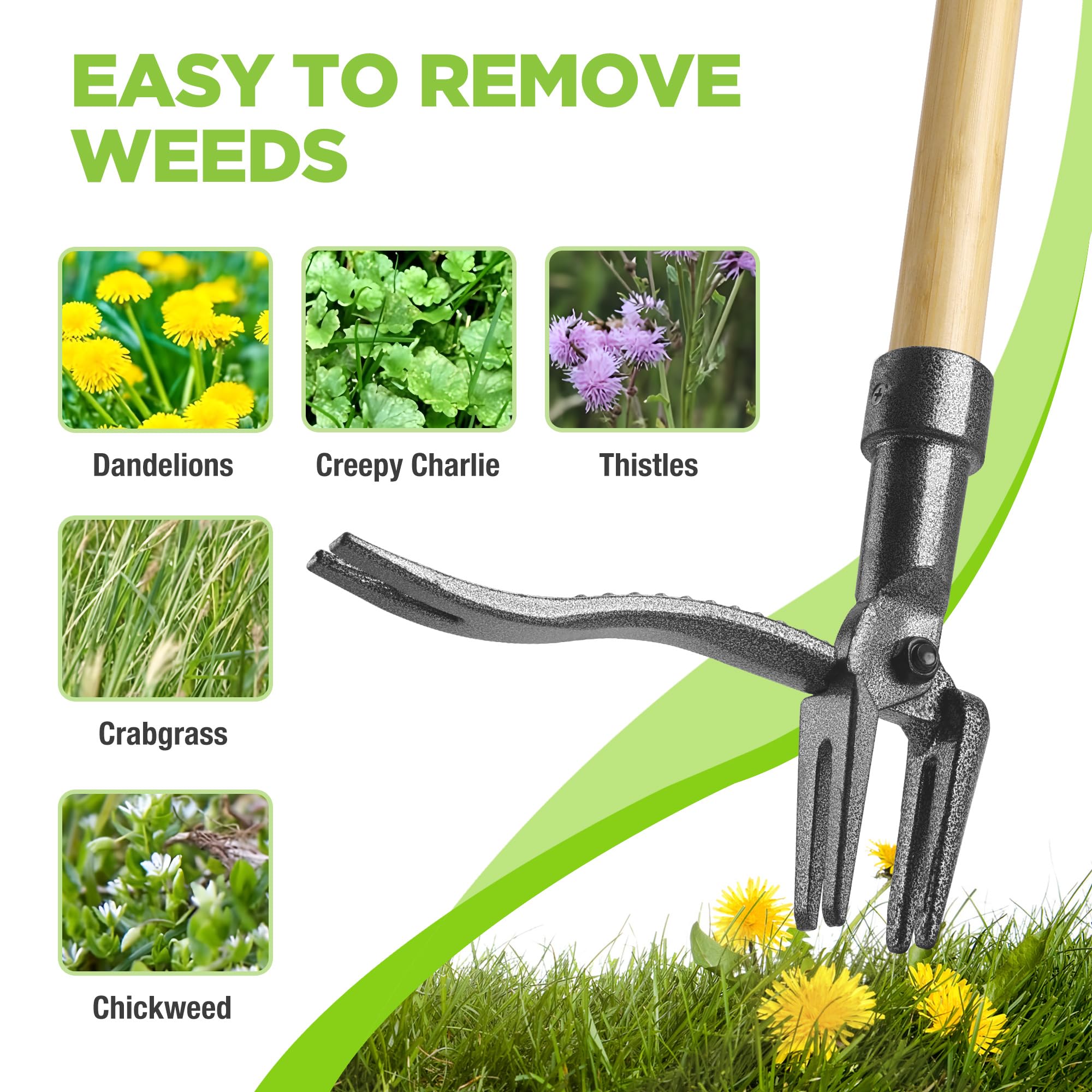 WorkPro deep-reach claws and foot pedal maximize leverage for weeds.