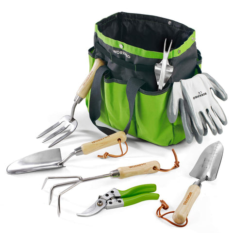 WORKPRO 8-piece garden tools set with wooden handles for durable, comfortable gardening
