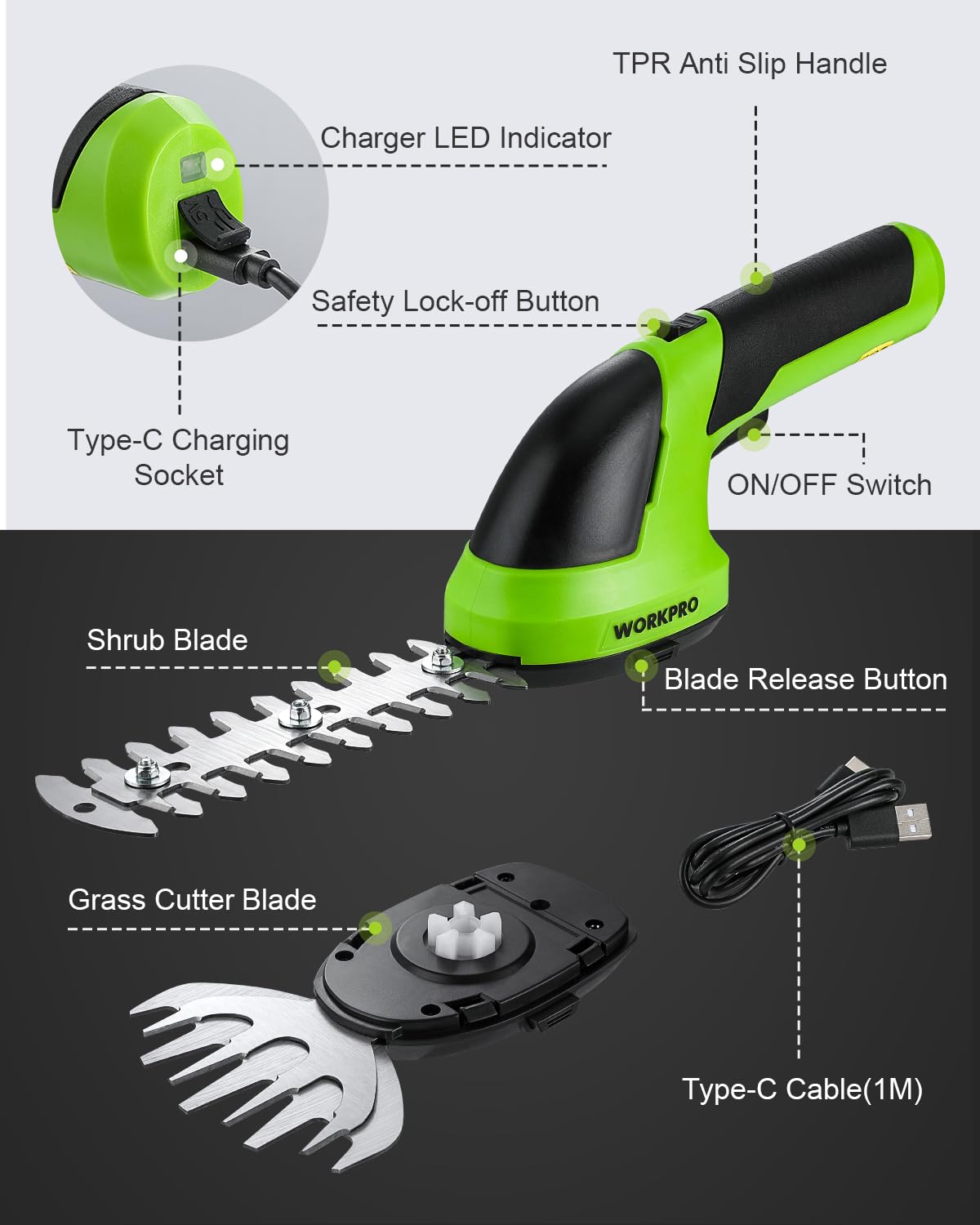 WORKPRO garden trimming application demonstrating versatile hedge and lawn use