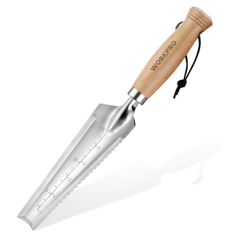WORKPRO garden trowel with wood handle for precise planting and comfortable grip.