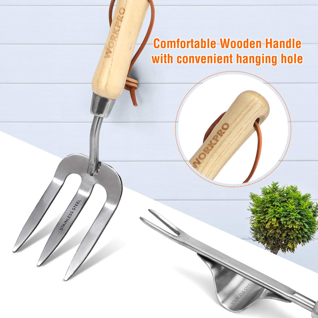 WORKPRO hand fork and cultivator with ergonomic wooden handles