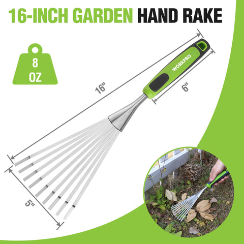 Workpro hand rake stainless steel tines provide durable, rust-resistant precision.