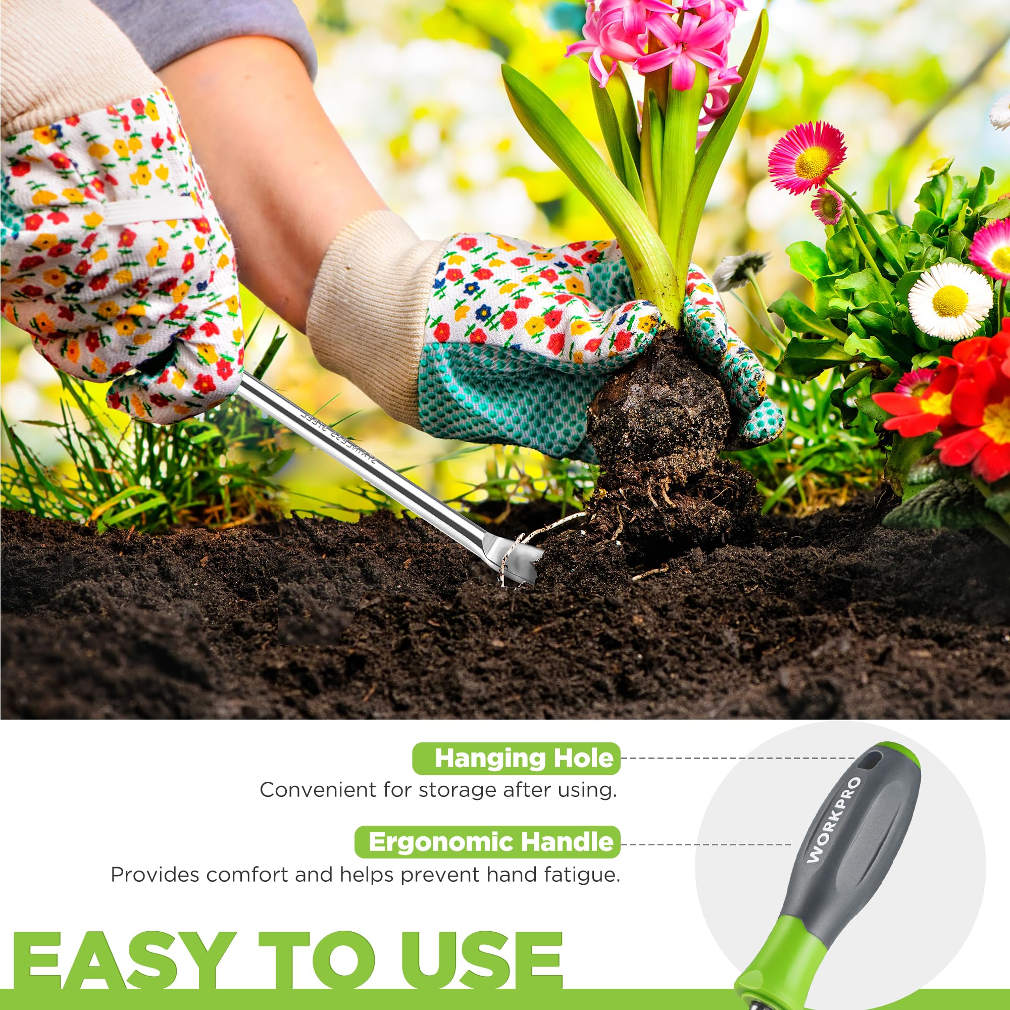 WORKPRO hanging-hole design keeps tools organized after gardening.