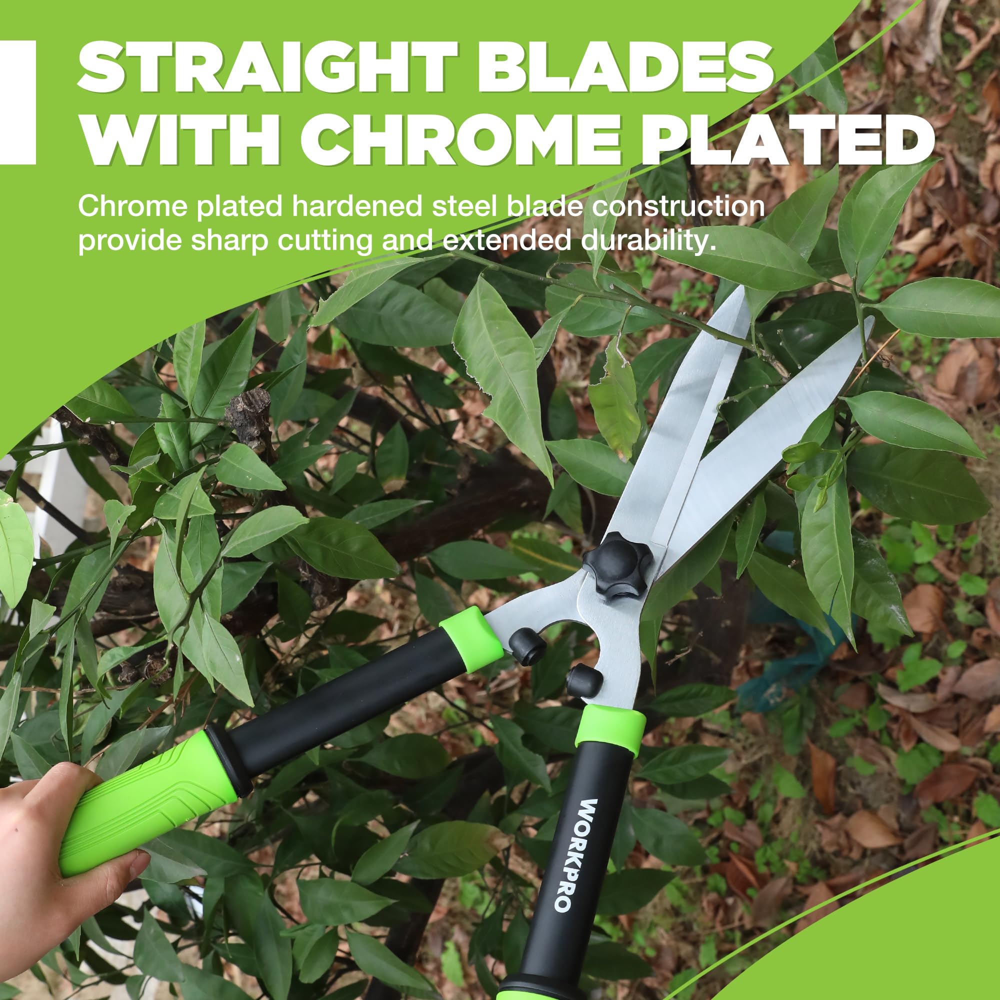 WORKPRO Hedge Shears with shock absorber dampening vibration during cutting.