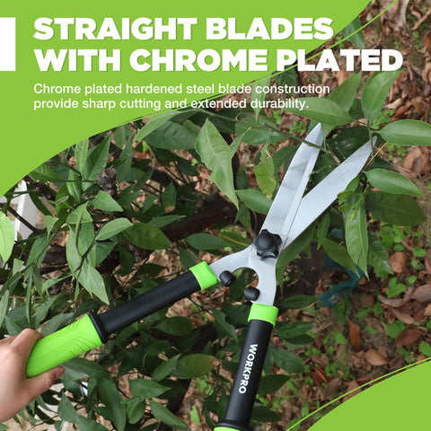 WORKPRO Hedge Shears with shock absorber dampening vibration during cutting.