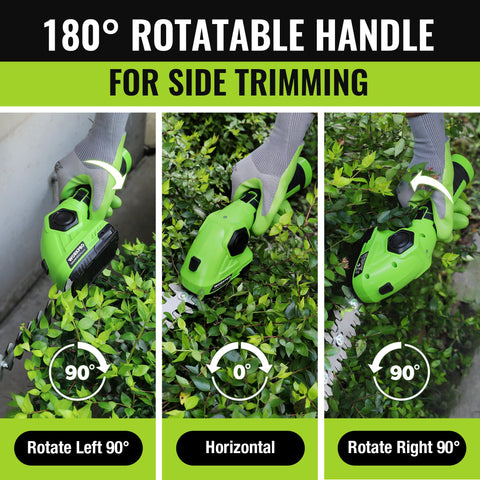 WORKPRO hedge trimmer with 180-degree handle for versatile trimming angles.