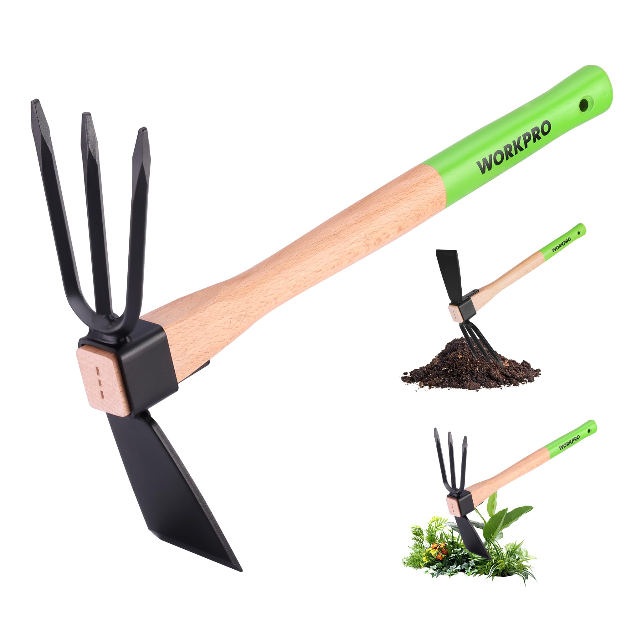 WORKPRO hoe-cultivator with 14-inch handle for versatile digging and soil loosening.