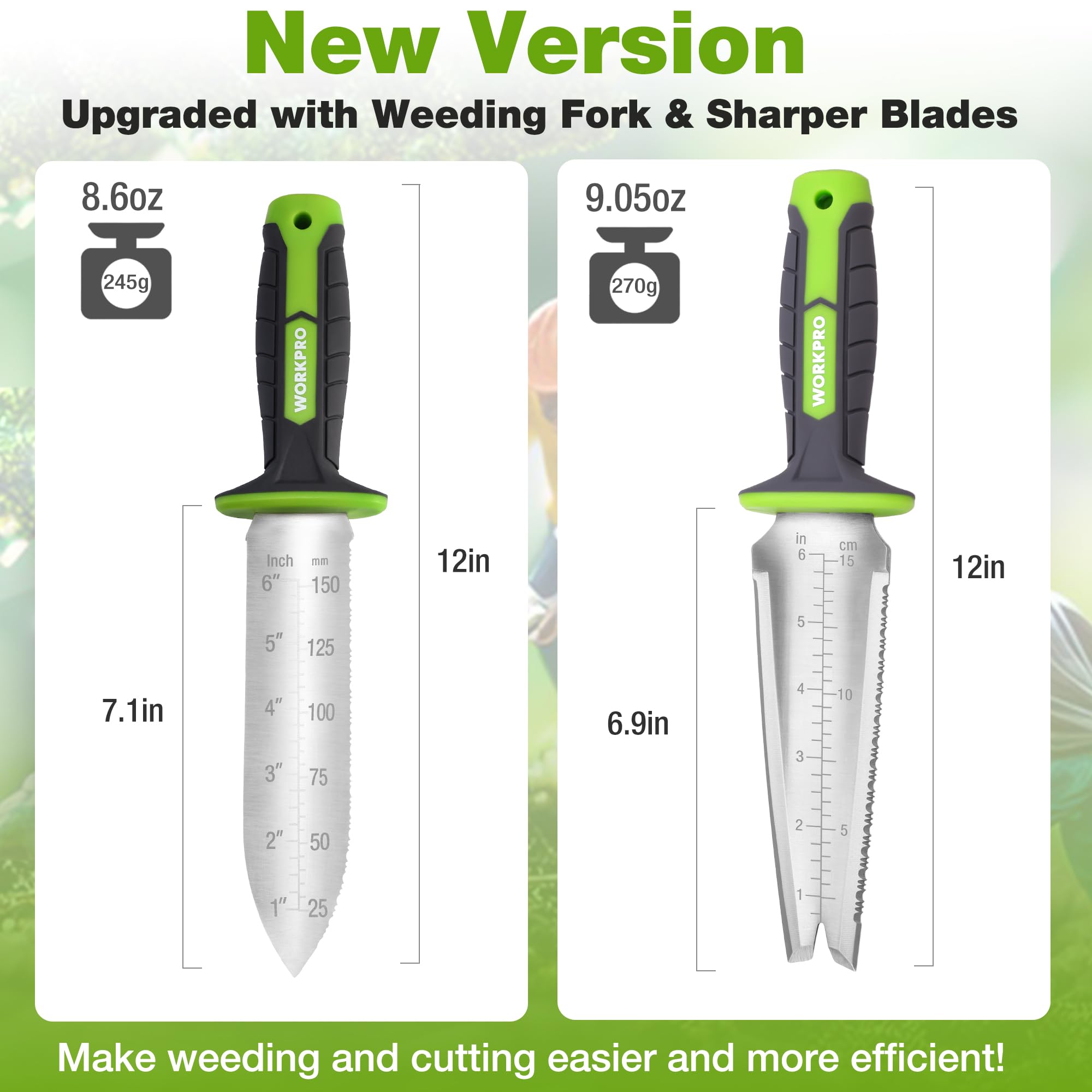 WORKPRO Hori Hori blade with measuring scale for accurate soil depth readings.