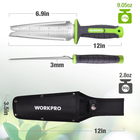 WORKPRO Hori Hori serrated edge for root cutting and pruning tasks.