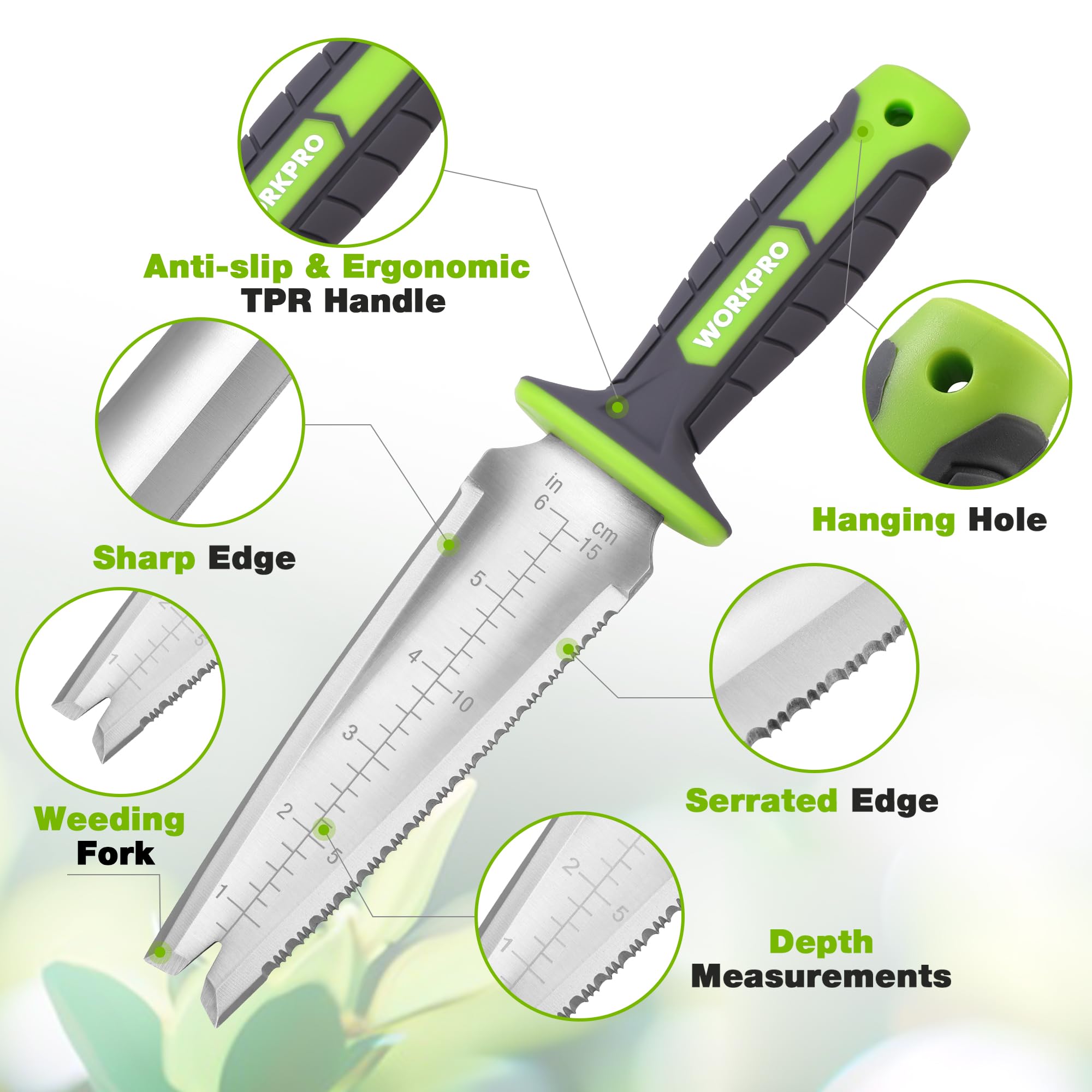 WORKPRO Hori Hori knife with Oxford sheath for safe storage and quick access.