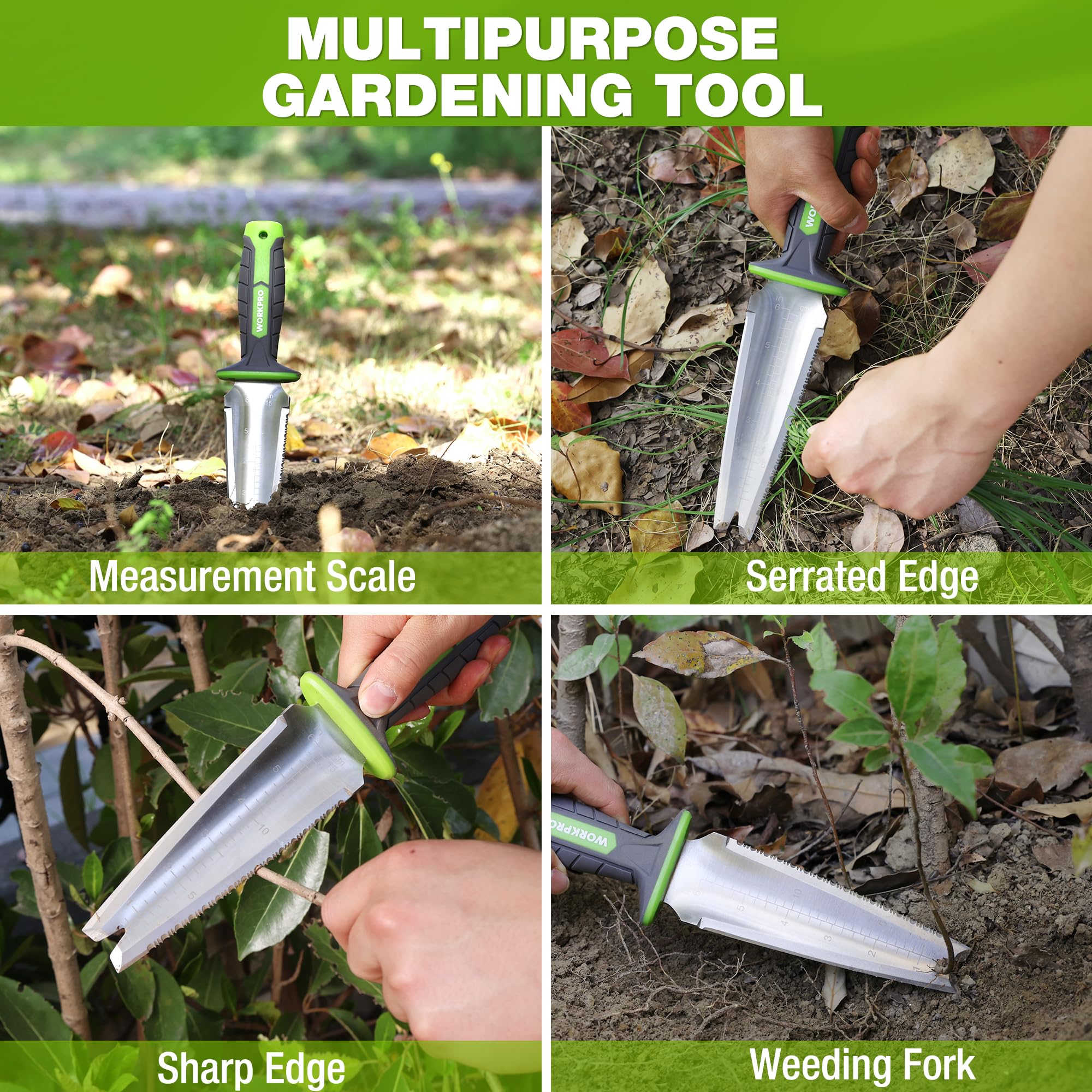 WORKPRO Hori Hori ergonomic TRP handle offers a comfortable non-slip grip.