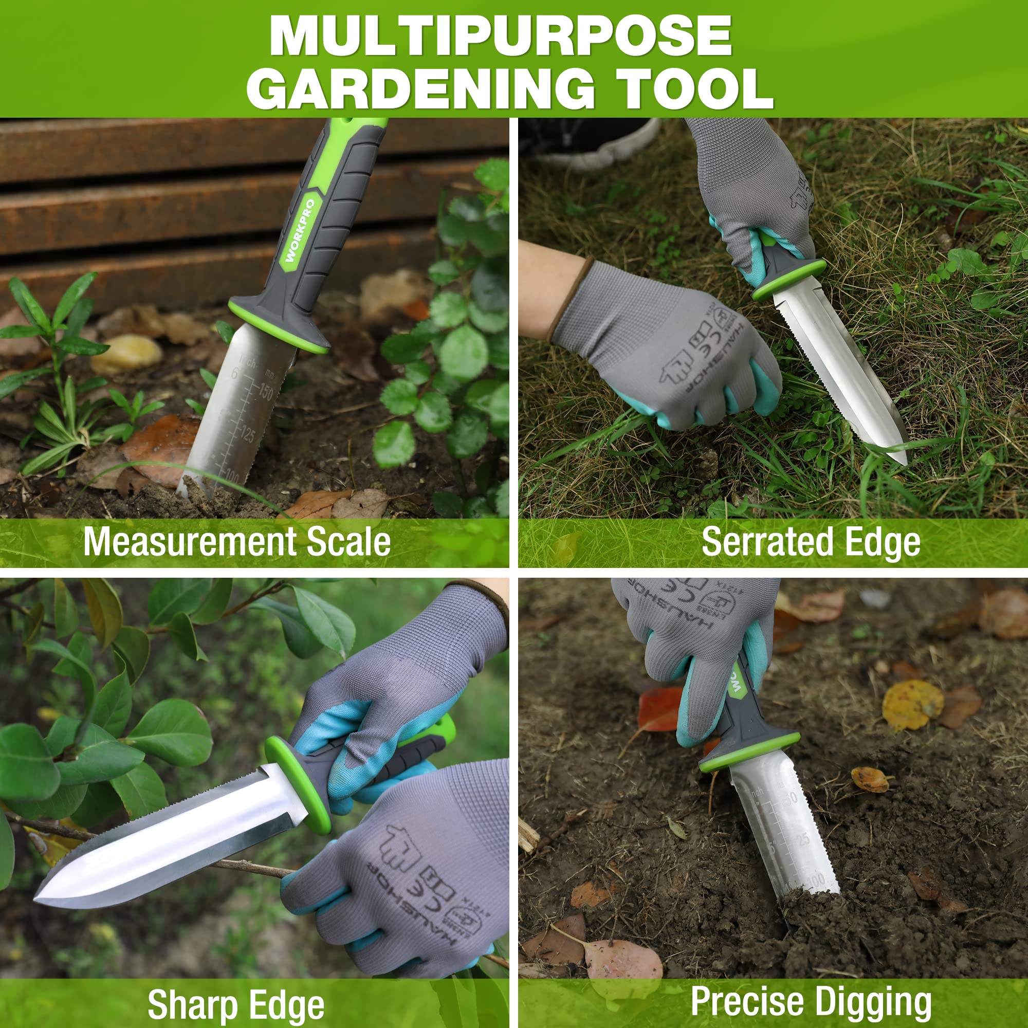 WORKPRO Hori Hori measuring tool on blade helps plant depth accuracy.