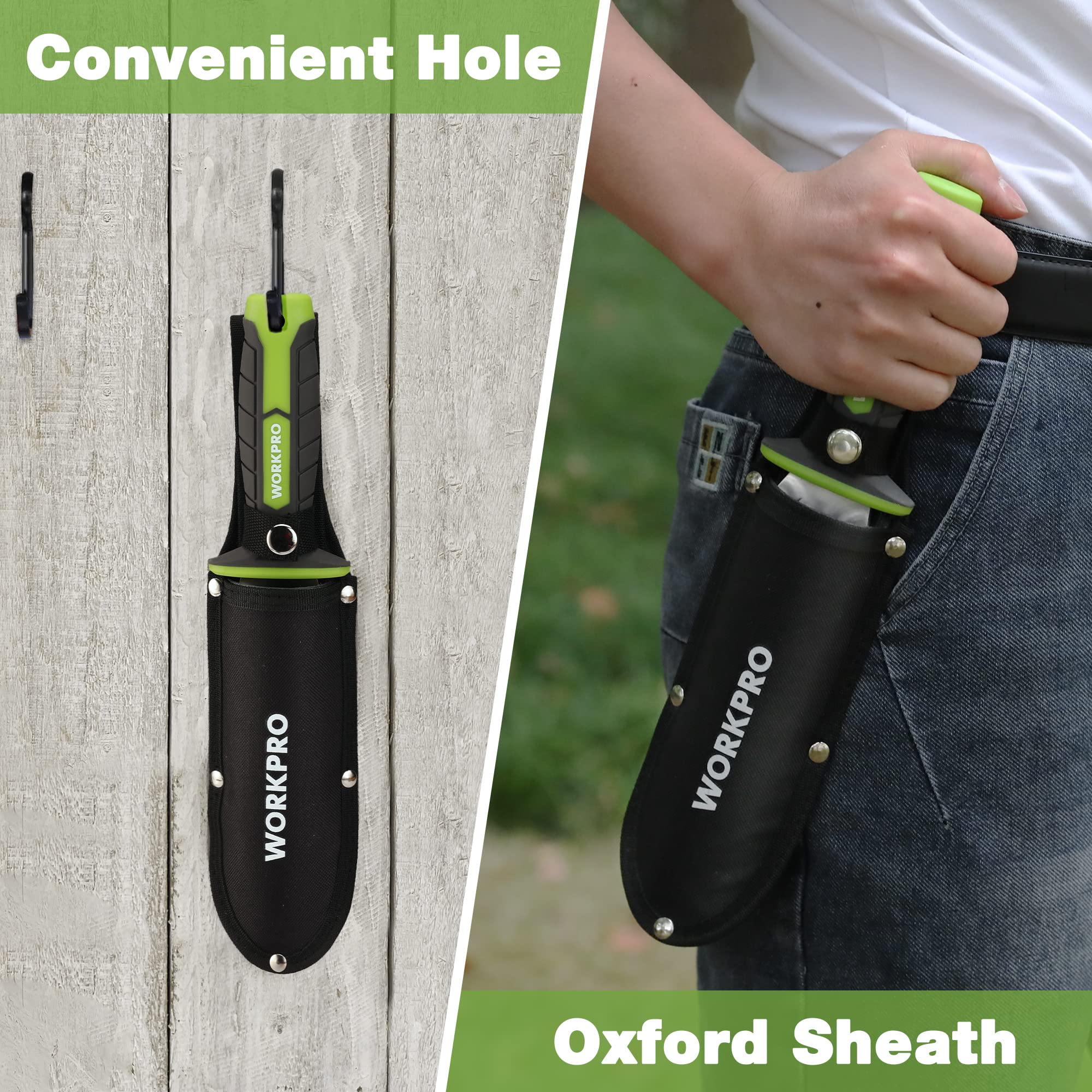 WORKPRO Hori Hori hanging hole enables easy storage on a hook.