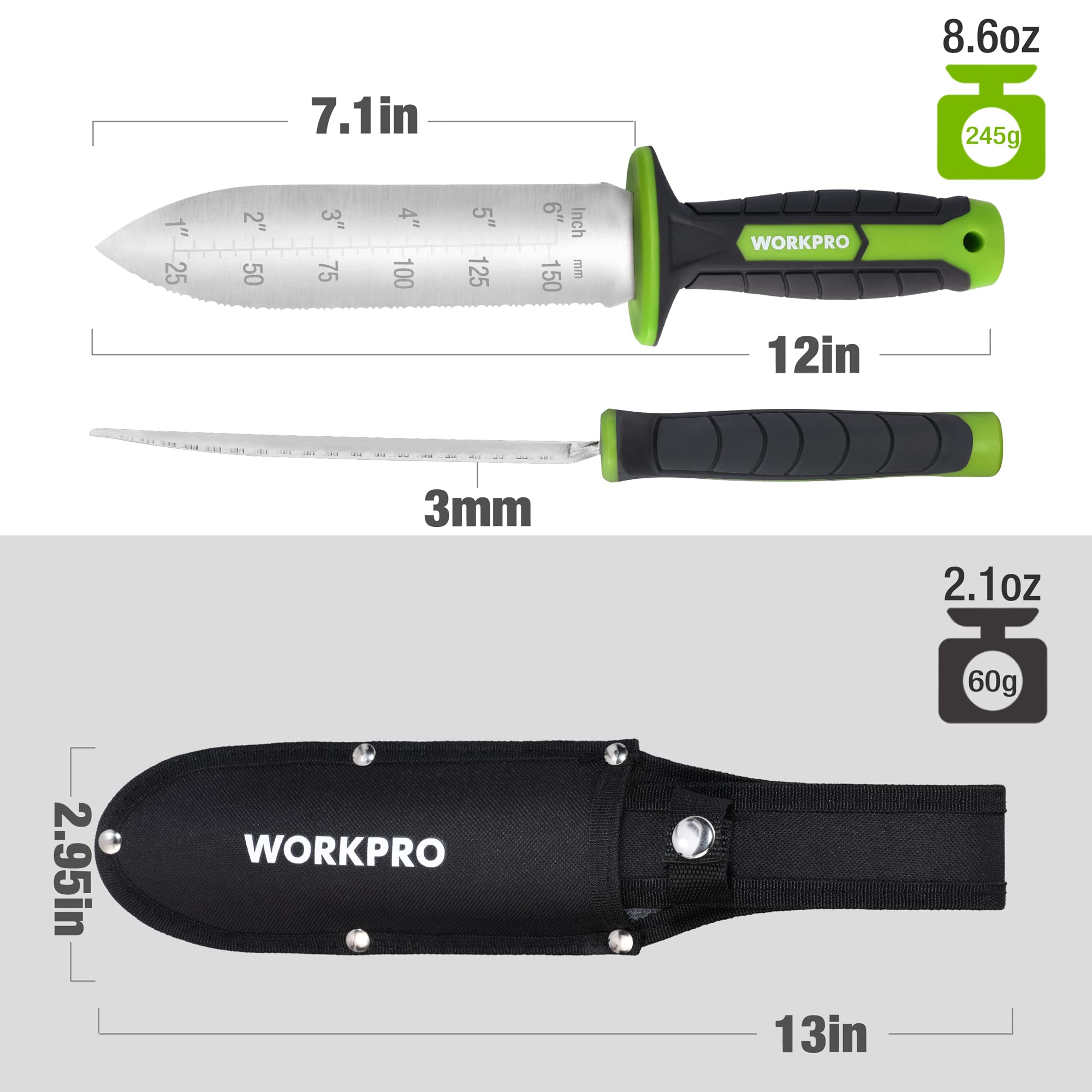 WORKPRO Hori Hori TRP handle offers comfortable, non-slip grip.