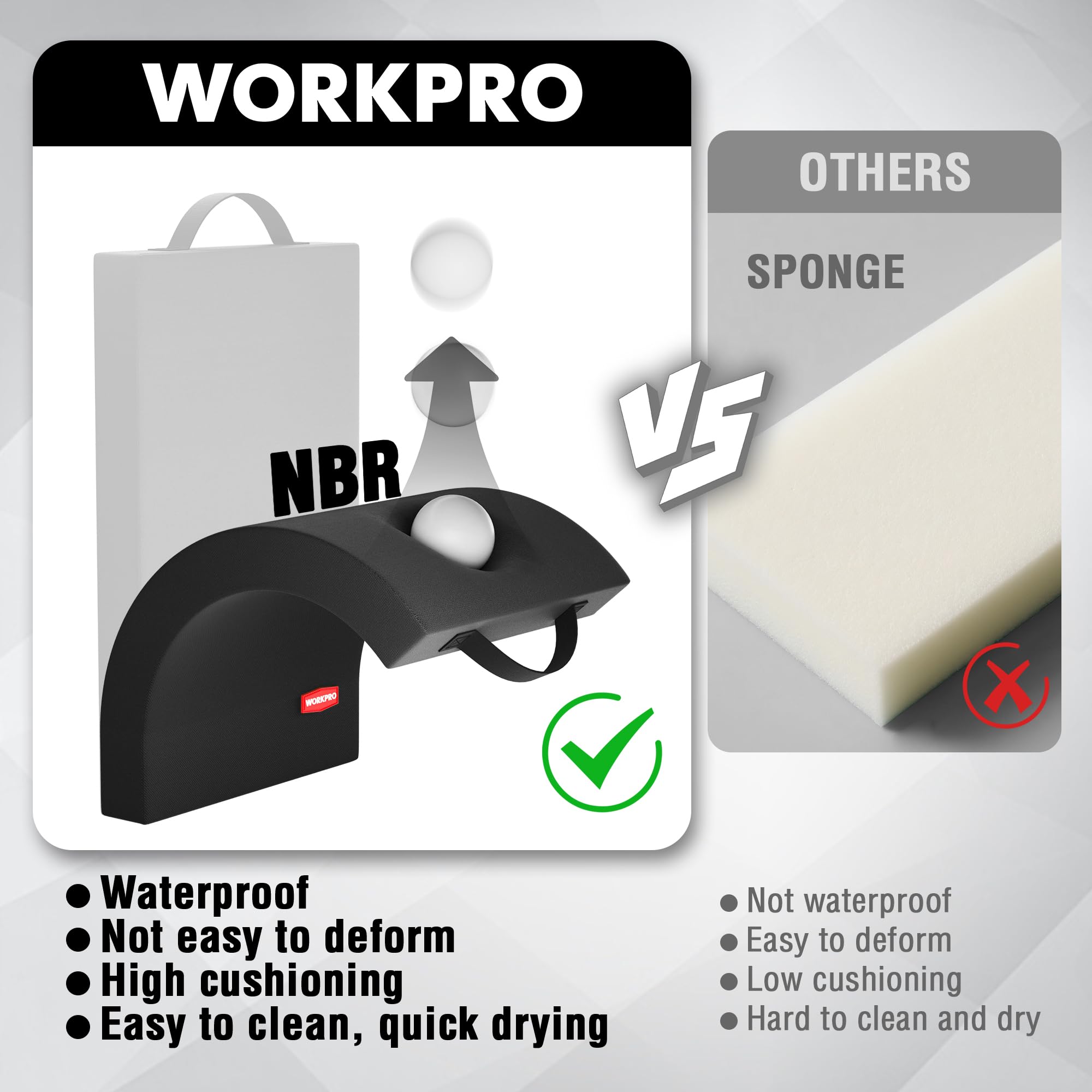 WORKPRO kneeling pad thick foam close-up shows 1.5 inch cushioning.